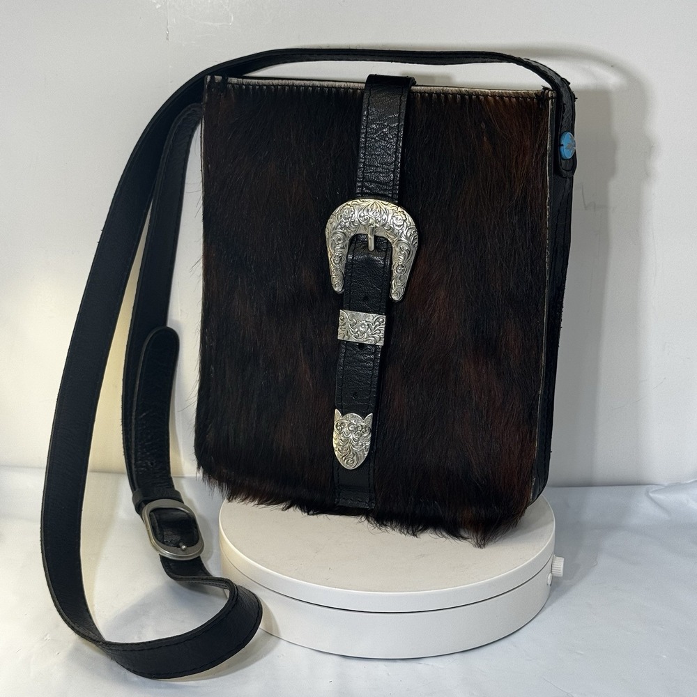 Patricia Nash Crossbody Leather & Animal Fur Purse Bag w/Flap & Buckle Western